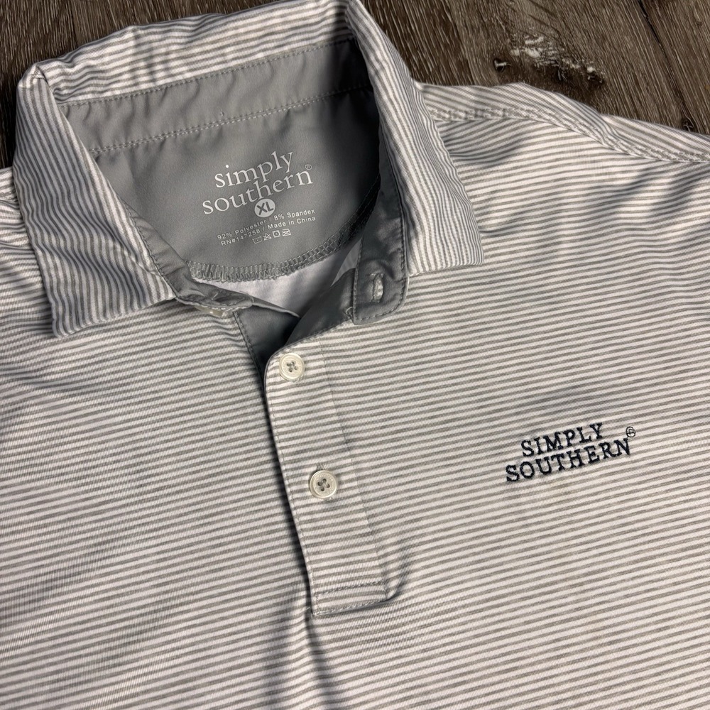 Simply Southern Polo Shirt Mens XL Performance Stretch Striped Gray Golf‎ Logo